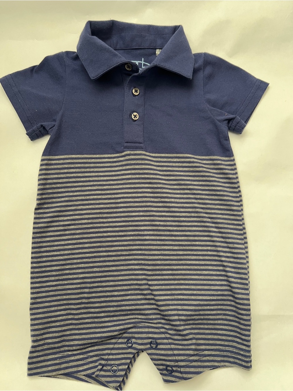 Striped Navy and Gray Polo-Style Baby One-Piece